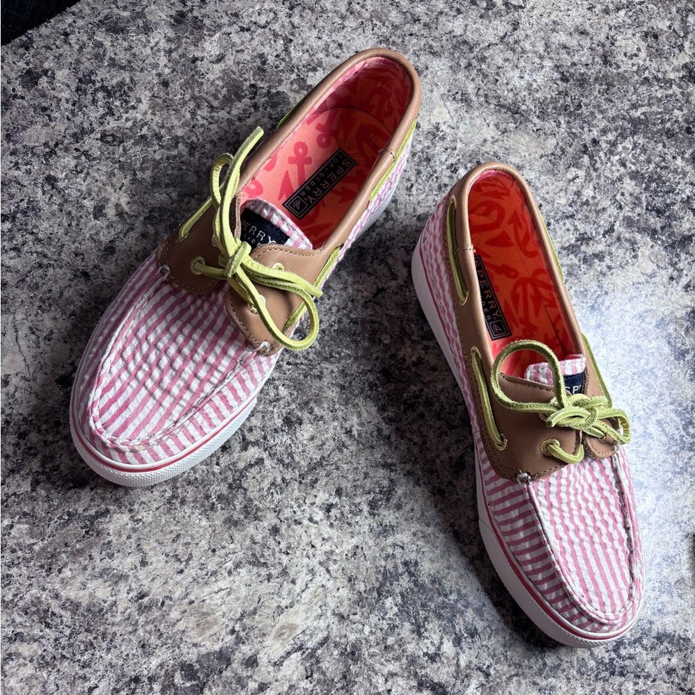Sperry Women's 7.5 Orange and White Striped Boat Shoes, Brown Leather Accents